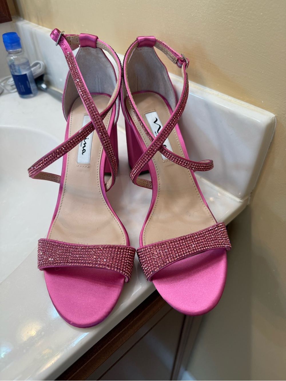 Nina Hot Pink Satin Block Heel Sandals with Rhinestone Straps